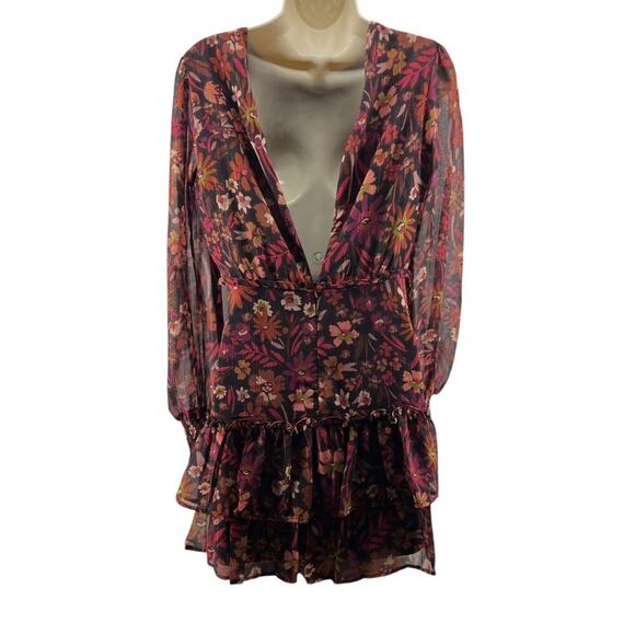 Aqua Metallic Floral Print Mini Dress Long Sleeve Ruffled Womens Size Small - Picture 3 of 6